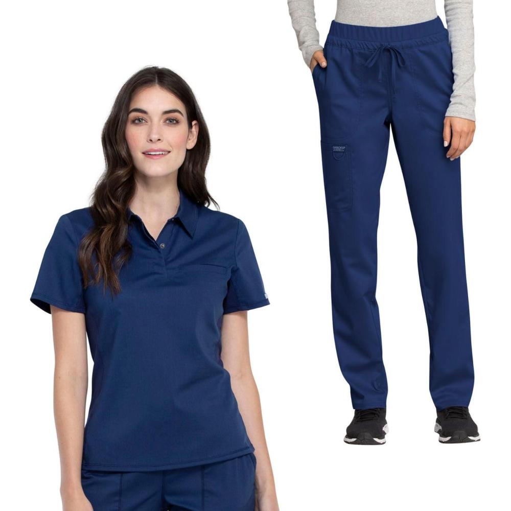 imageCherokee Scrub Set for Women Tuckable Snap Front Polo Shirt WW698 with Mid Rise Tapered Leg Drawstring Scrub Pant WW105Navy