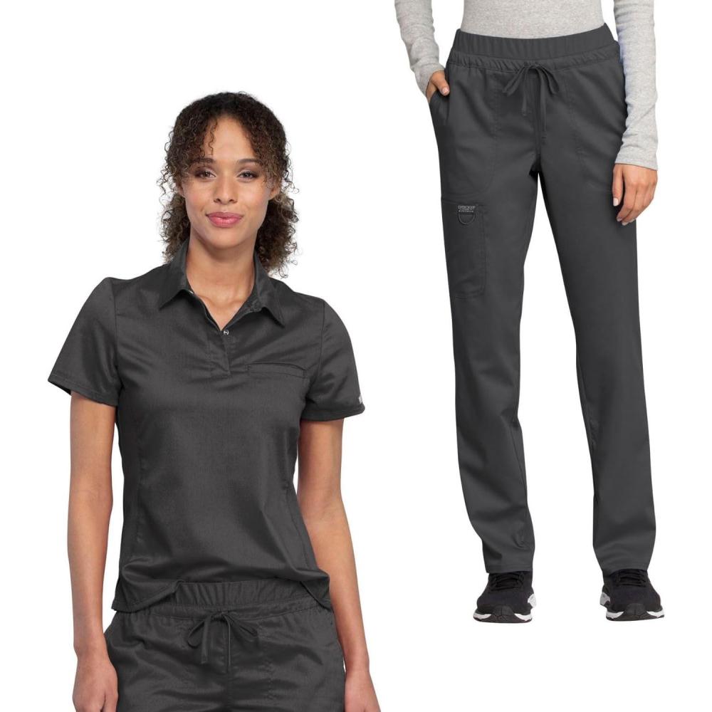 imageCherokee Scrub Set for Women Tuckable Snap Front Polo Shirt WW698 with Mid Rise Tapered Leg Drawstring Scrub Pant WW105Pewter