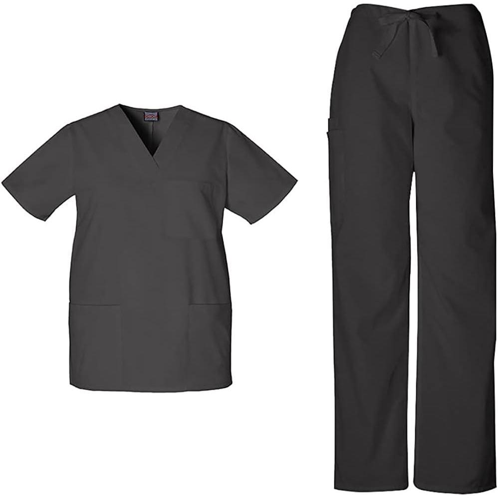 imageCherokee Scrub Sets for Women and Men 6 Pocket Medical Scrubs with VNeck Top 4876 amp Drawstring Cargo Pant 4100Black