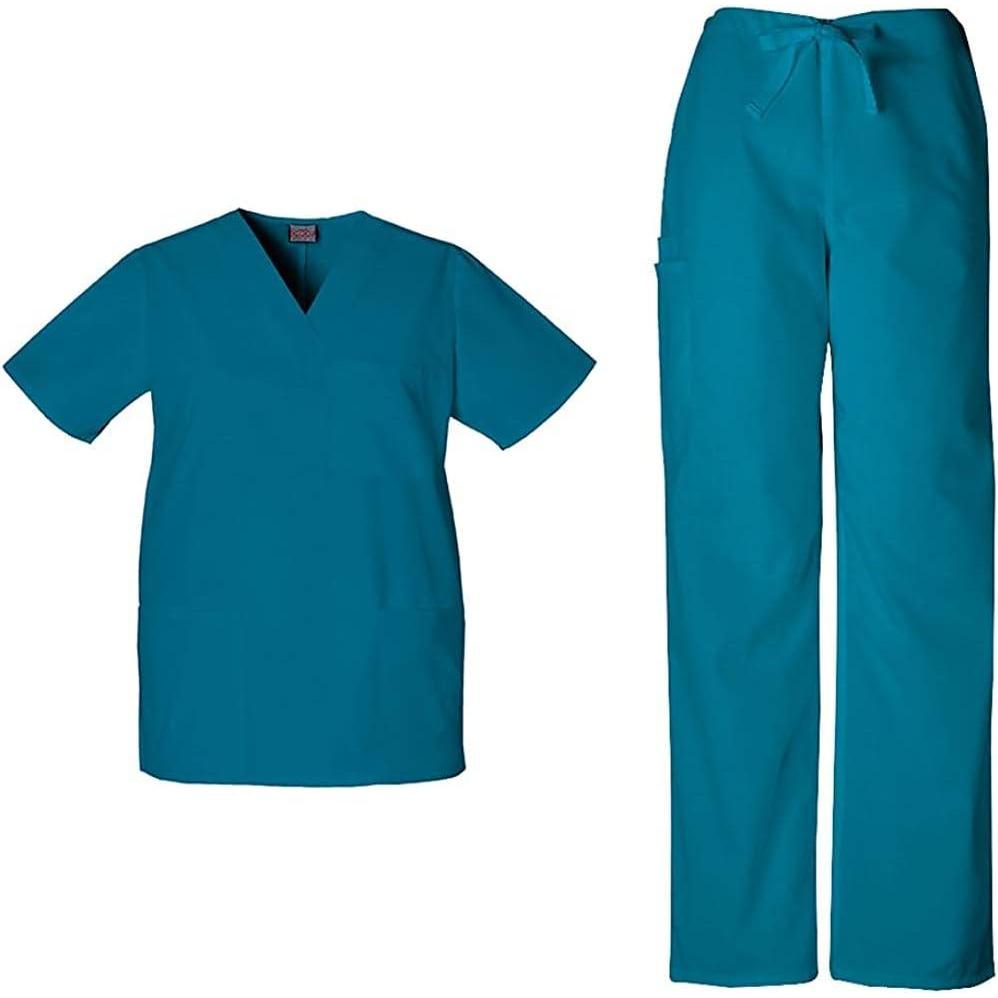 imageCherokee Scrub Sets for Women and Men 6 Pocket Medical Scrubs with VNeck Top 4876 amp Drawstring Cargo Pant 4100Caribbean Blue