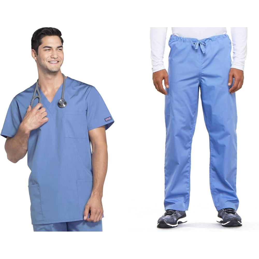 imageCherokee Scrub Sets for Women and Men 6 Pocket Medical Scrubs with VNeck Top 4876 amp Drawstring Cargo Pant 4100Ciel