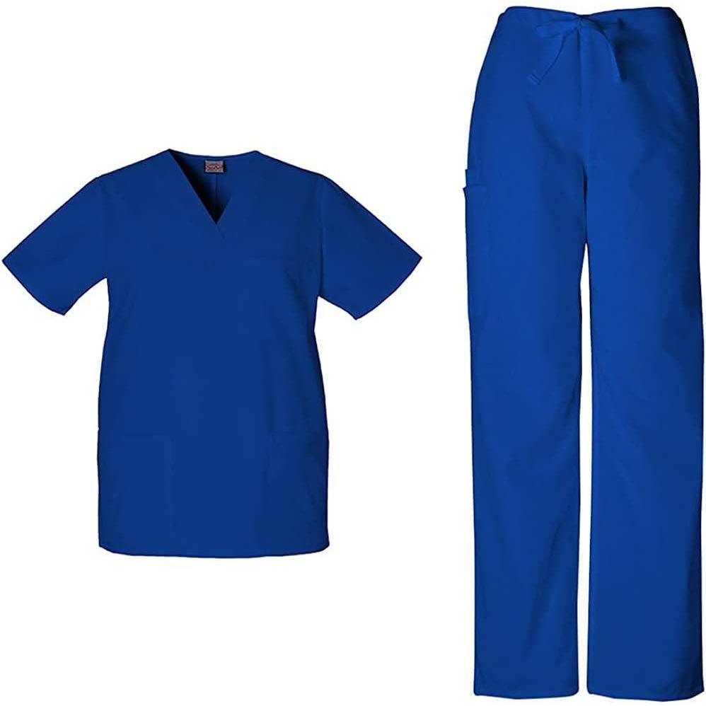 imageCherokee Scrub Sets for Women and Men 6 Pocket Medical Scrubs with VNeck Top 4876 amp Drawstring Cargo Pant 4100Galaxy Blue