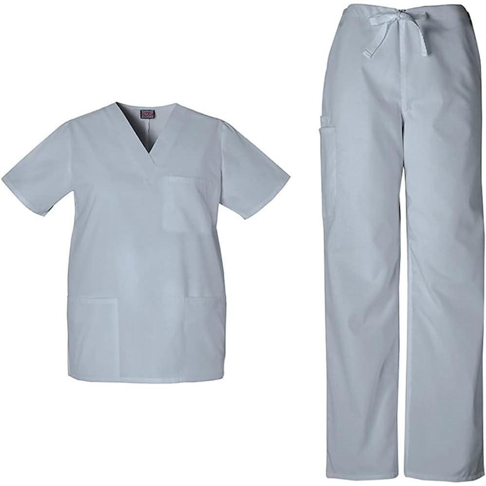 imageCherokee Scrub Sets for Women and Men 6 Pocket Medical Scrubs with VNeck Top 4876 amp Drawstring Cargo Pant 4100Grey