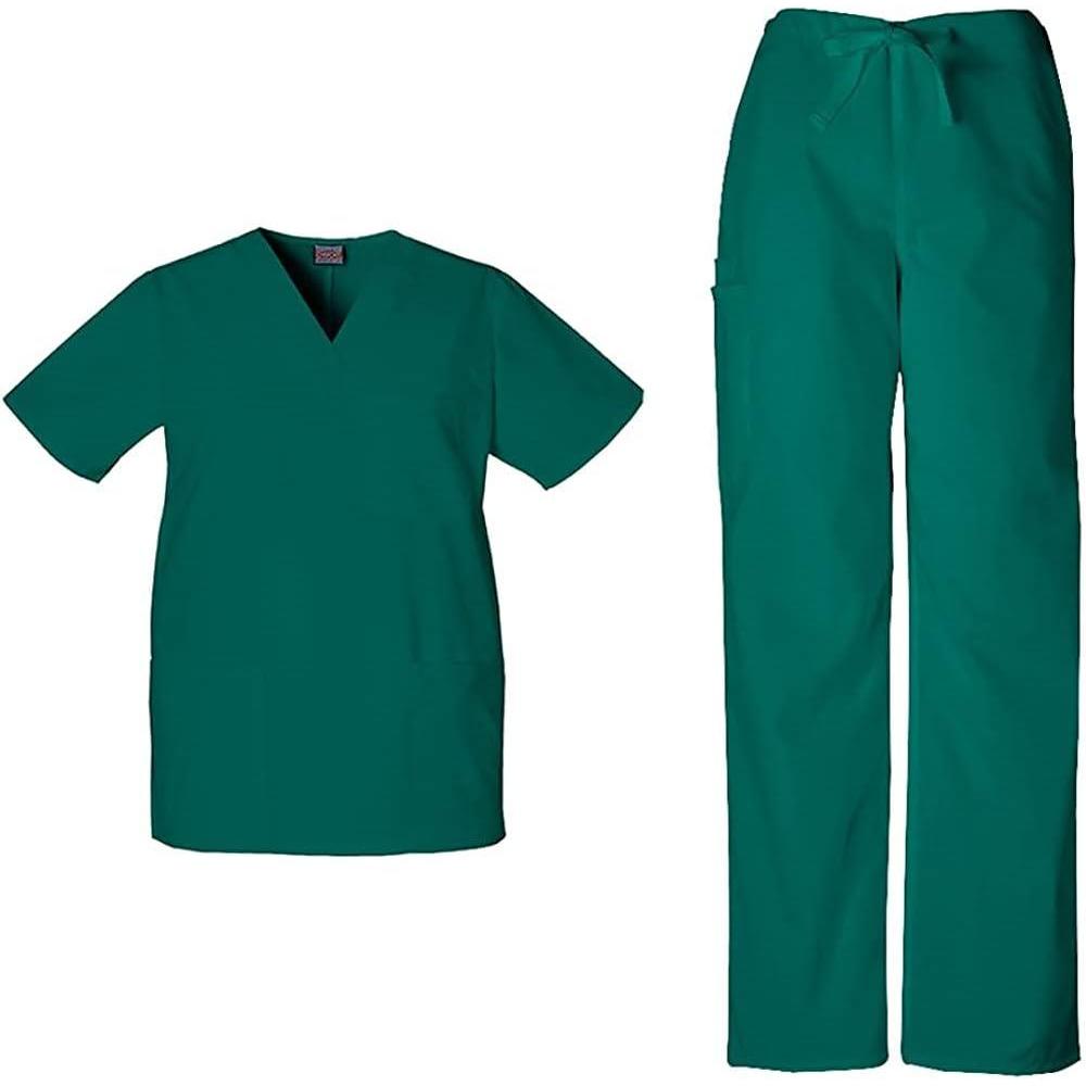imageCherokee Scrub Sets for Women and Men 6 Pocket Medical Scrubs with VNeck Top 4876 amp Drawstring Cargo Pant 4100Hunter Green