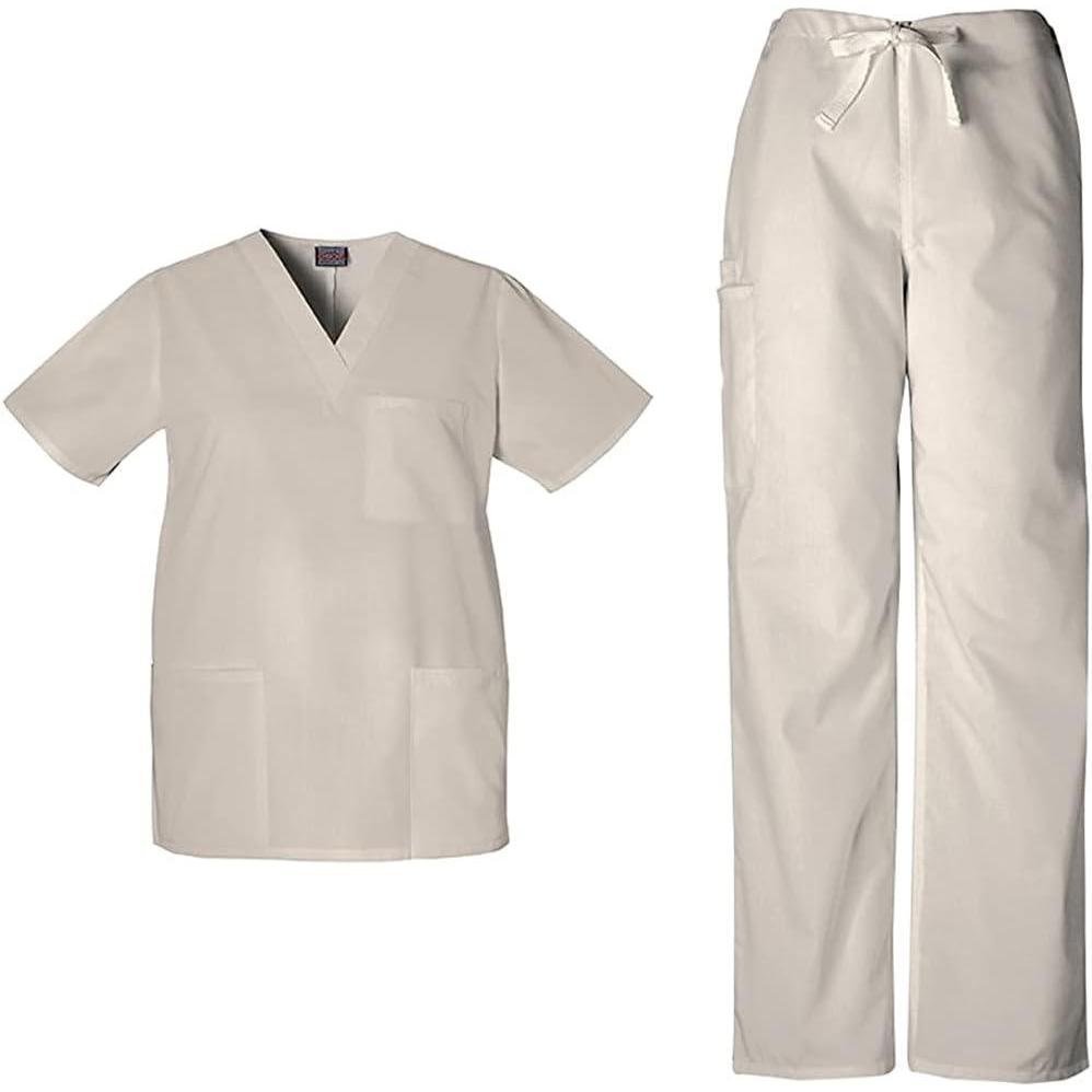 imageCherokee Scrub Sets for Women and Men 6 Pocket Medical Scrubs with VNeck Top 4876 amp Drawstring Cargo Pant 4100Khaki