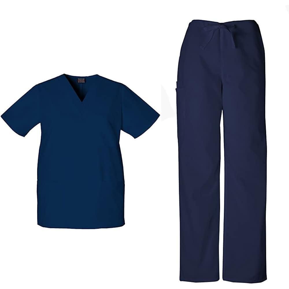 imageCherokee Scrub Sets for Women and Men 6 Pocket Medical Scrubs with VNeck Top 4876 amp Drawstring Cargo Pant 4100Navy