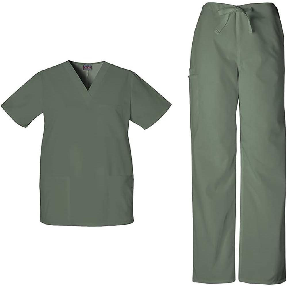 imageCherokee Scrub Sets for Women and Men 6 Pocket Medical Scrubs with VNeck Top 4876 amp Drawstring Cargo Pant 4100Olive
