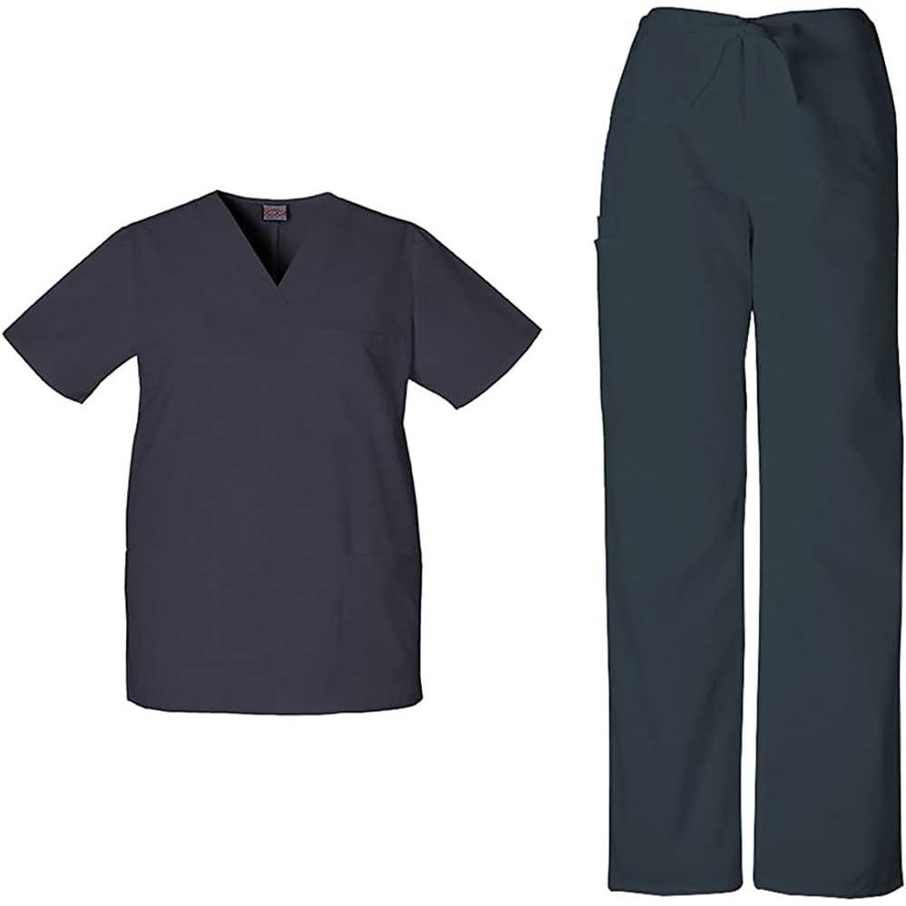 imageCherokee Scrub Sets for Women and Men 6 Pocket Medical Scrubs with VNeck Top 4876 amp Drawstring Cargo Pant 4100Pewter
