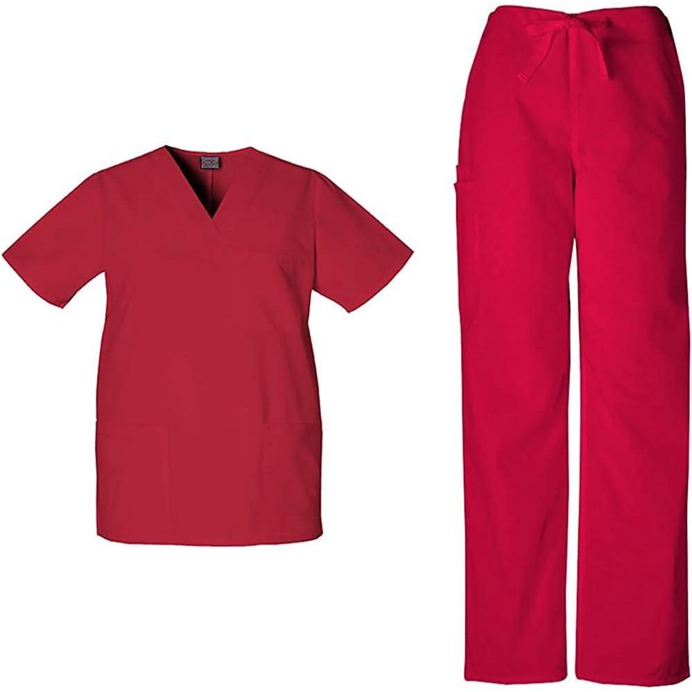 imageCherokee Scrub Sets for Women and Men 6 Pocket Medical Scrubs with VNeck Top 4876 amp Drawstring Cargo Pant 4100Red