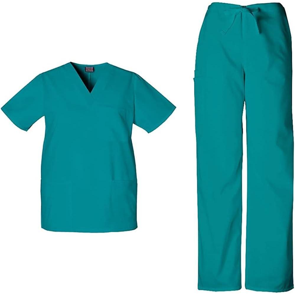 imageCherokee Scrub Sets for Women and Men 6 Pocket Medical Scrubs with VNeck Top 4876 amp Drawstring Cargo Pant 4100Teal Blue