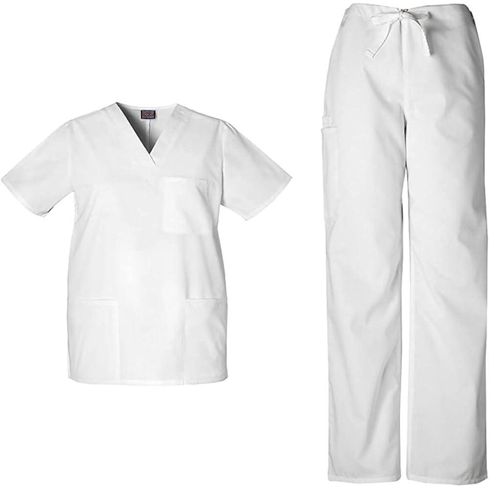 imageCherokee Scrub Sets for Women and Men 6 Pocket Medical Scrubs with VNeck Top 4876 amp Drawstring Cargo Pant 4100White