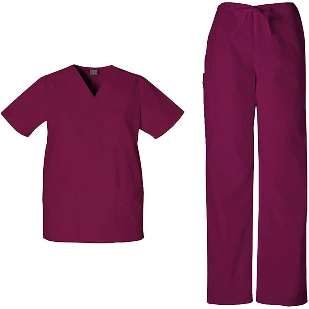 imageCherokee Scrub Sets for Women and Men 6 Pocket Medical Scrubs with VNeck Top 4876 amp Drawstring Cargo Pant 4100Wine