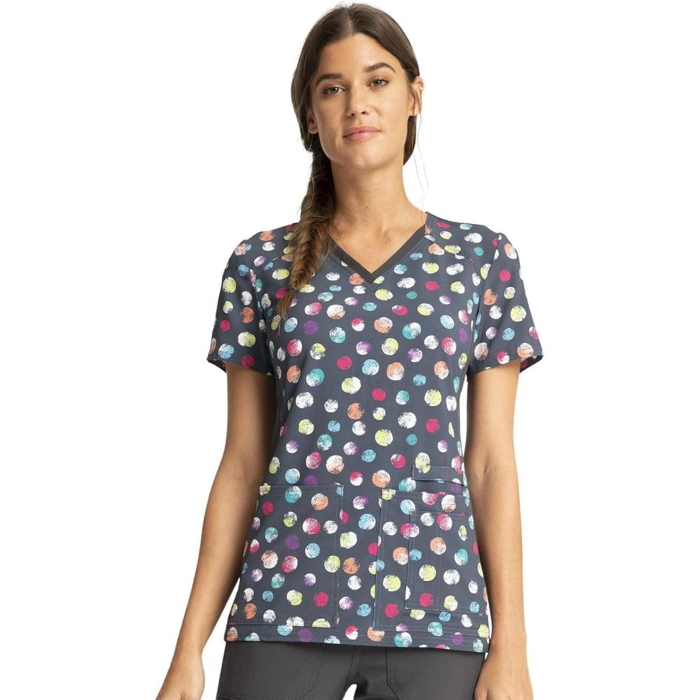 imageCherokee Scrub for Women VNeck Top Traditional fit with Dolman Sleeve and Fade Resistant Fabric 4700Playful Dots