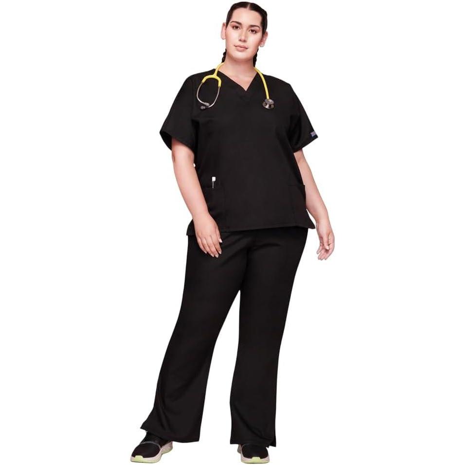 imageCherokee Scrub set for women Traditional Fit Dolman Sleeve Vneck Top 4700 Natural Rise Flare Leg Drawstring Pant 4101Black