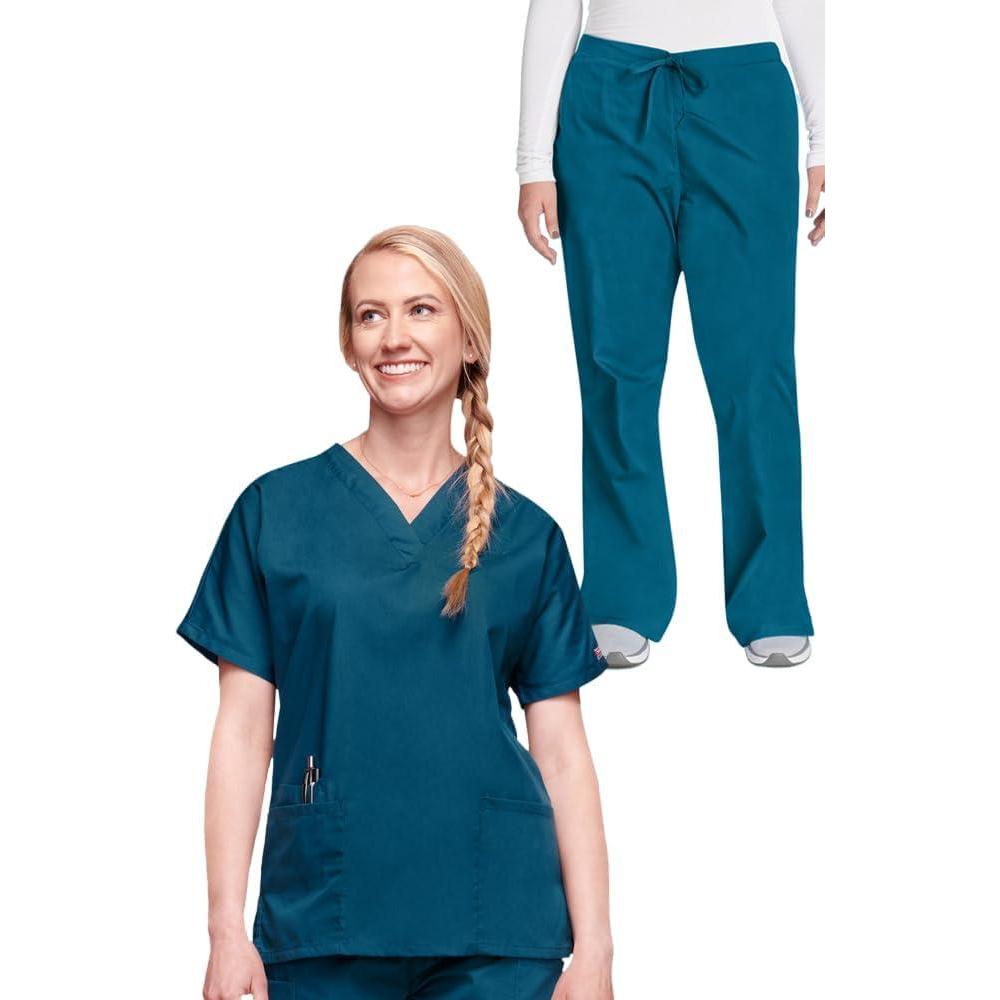 imageCherokee Scrub set for women Traditional Fit Dolman Sleeve Vneck Top 4700 Natural Rise Flare Leg Drawstring Pant 4101Caribbean Blue