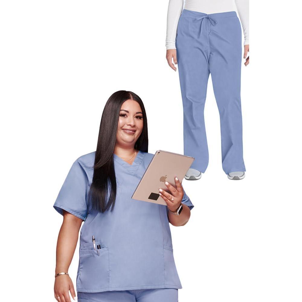 imageCherokee Scrub set for women Traditional Fit Dolman Sleeve Vneck Top 4700 Natural Rise Flare Leg Drawstring Pant 4101Ciel