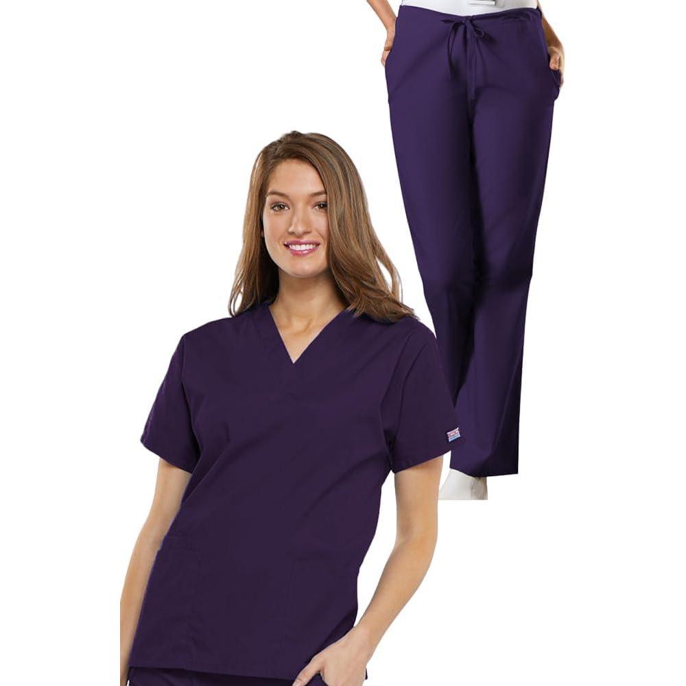 imageCherokee Scrub set for women Traditional Fit Dolman Sleeve Vneck Top 4700 Natural Rise Flare Leg Drawstring Pant 4101Eggplant