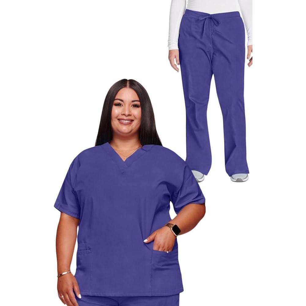 imageCherokee Scrub set for women Traditional Fit Dolman Sleeve Vneck Top 4700 Natural Rise Flare Leg Drawstring Pant 4101Grape