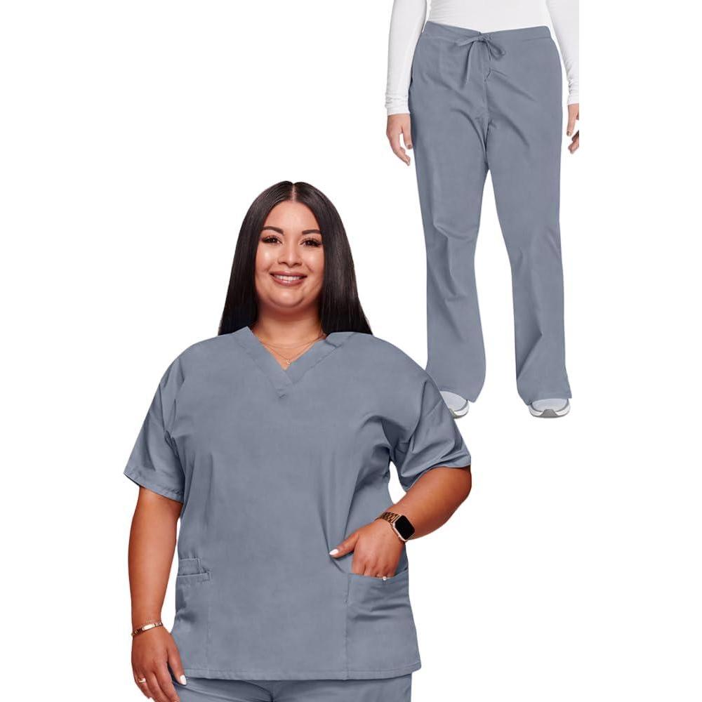 imageCherokee Scrub set for women Traditional Fit Dolman Sleeve Vneck Top 4700 Natural Rise Flare Leg Drawstring Pant 4101Grey