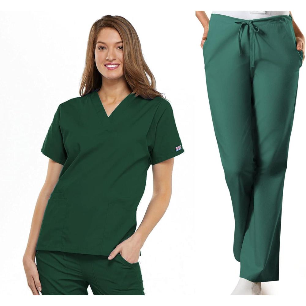imageCherokee Scrub set for women Traditional Fit Dolman Sleeve Vneck Top 4700 Natural Rise Flare Leg Drawstring Pant 4101Hunter Green