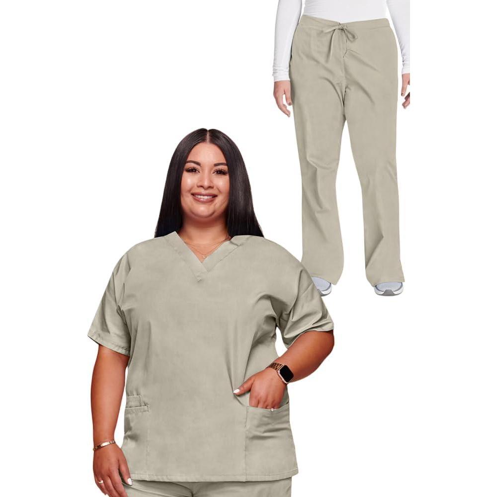 imageCherokee Scrub set for women Traditional Fit Dolman Sleeve Vneck Top 4700 Natural Rise Flare Leg Drawstring Pant 4101Khaki