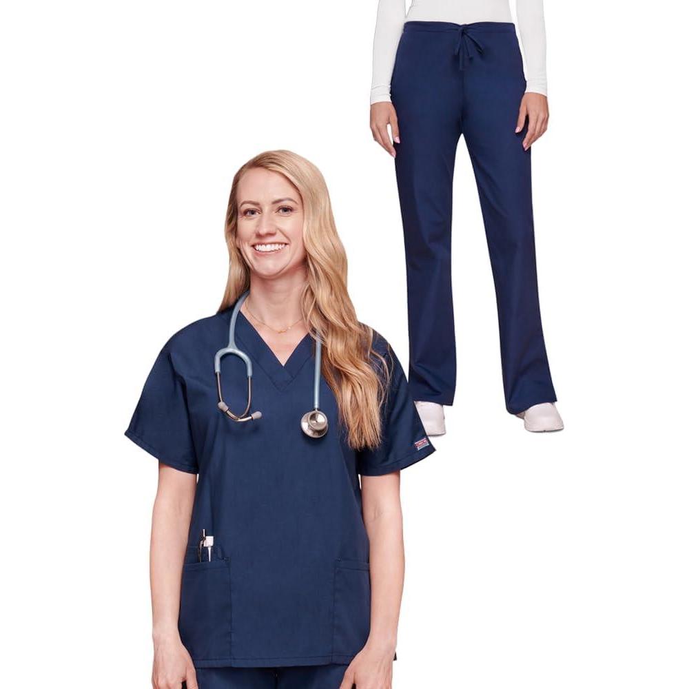 imageCherokee Scrub set for women Traditional Fit Dolman Sleeve Vneck Top 4700 Natural Rise Flare Leg Drawstring Pant 4101Navy