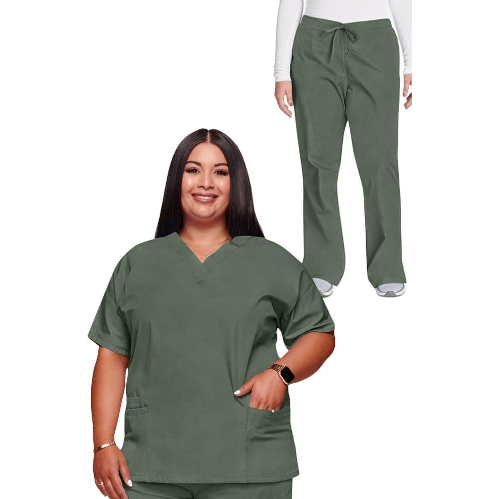 imageCherokee Scrub set for women Traditional Fit Dolman Sleeve Vneck Top 4700 Natural Rise Flare Leg Drawstring Pant 4101Olive