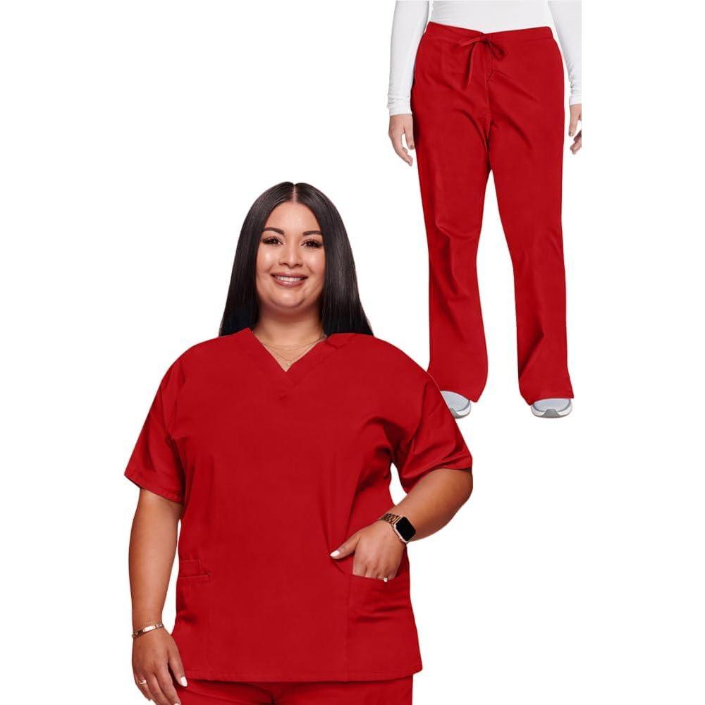 imageCherokee Scrub set for women Traditional Fit Dolman Sleeve Vneck Top 4700 Natural Rise Flare Leg Drawstring Pant 4101Red