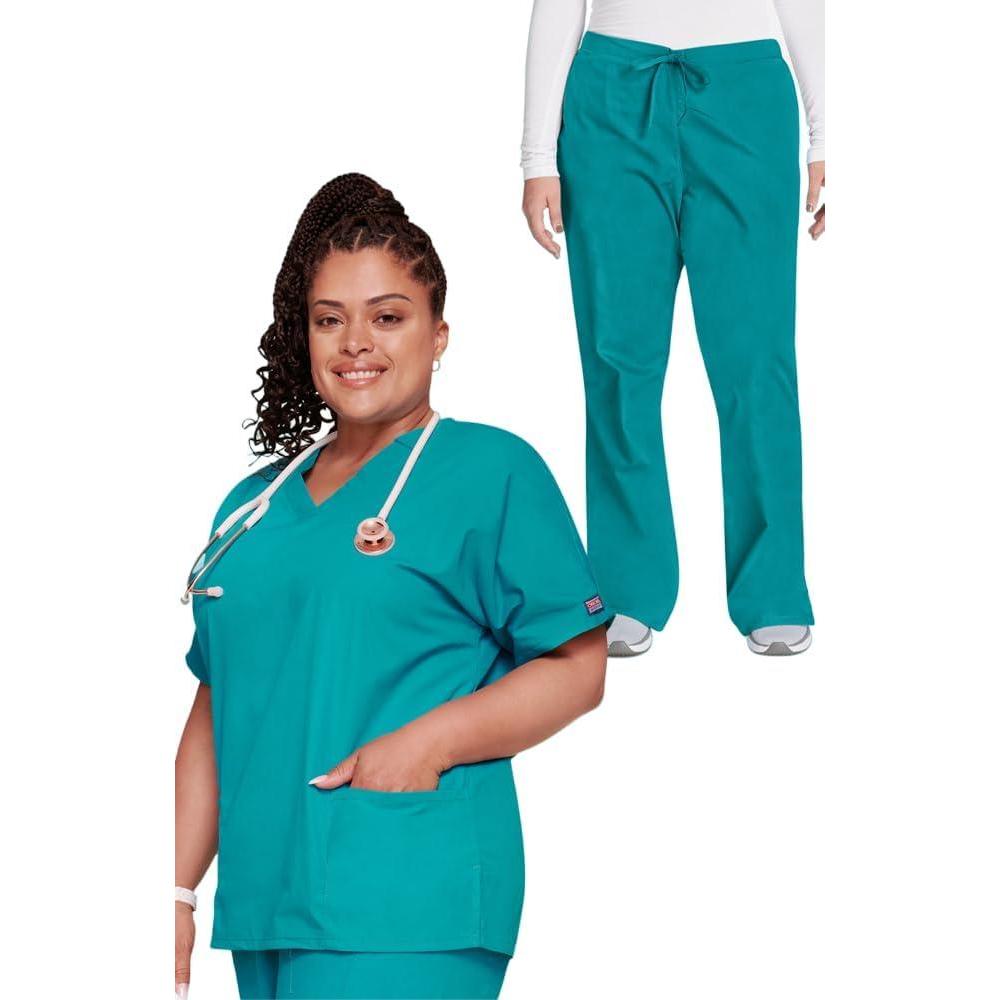 imageCherokee Scrub set for women Traditional Fit Dolman Sleeve Vneck Top 4700 Natural Rise Flare Leg Drawstring Pant 4101Teal Blue