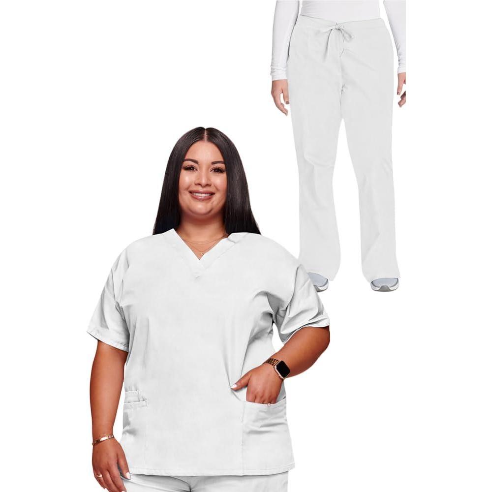 imageCherokee Scrub set for women Traditional Fit Dolman Sleeve Vneck Top 4700 Natural Rise Flare Leg Drawstring Pant 4101White