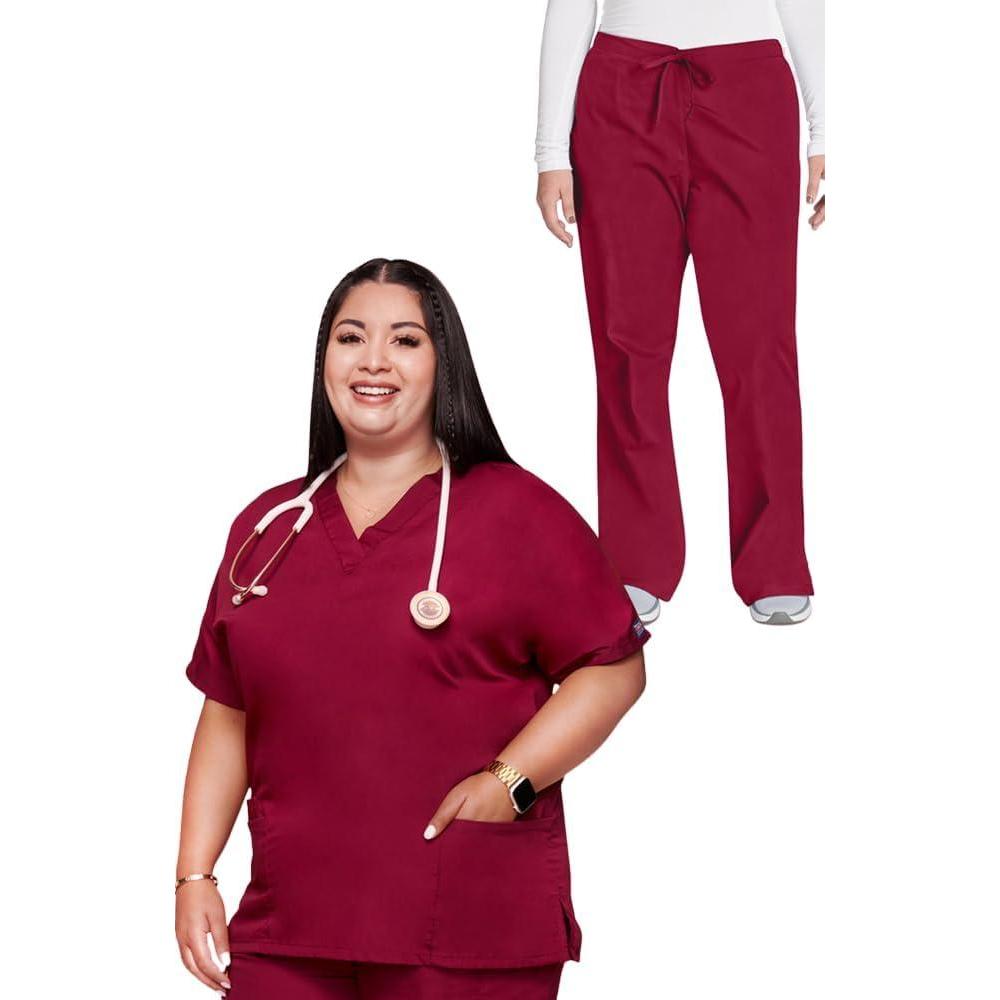 imageCherokee Scrub set for women Traditional Fit Dolman Sleeve Vneck Top 4700 Natural Rise Flare Leg Drawstring Pant 4101Wine