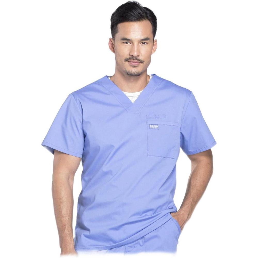 imageCherokee Scrubs for Men VNeck Top Workwear Professionals Soft Stretch WW675Ciel Blue