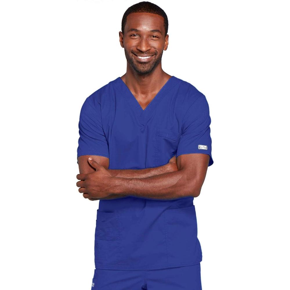 imageCherokee Scrubs for Men amp Women VNeck Scrub Top with 4 Pockets Cotton Blend Soft Stretchy Easy Care Nursing Uniform 4725Galaxy Blue