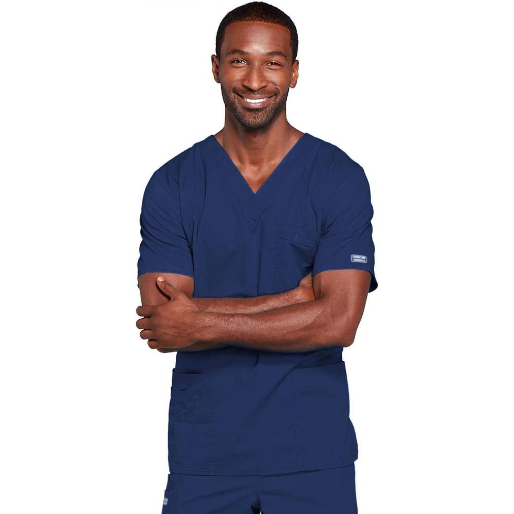imageCherokee Scrubs for Men amp Women VNeck Scrub Top with 4 Pockets Cotton Blend Soft Stretchy Easy Care Nursing Uniform 4725Navy