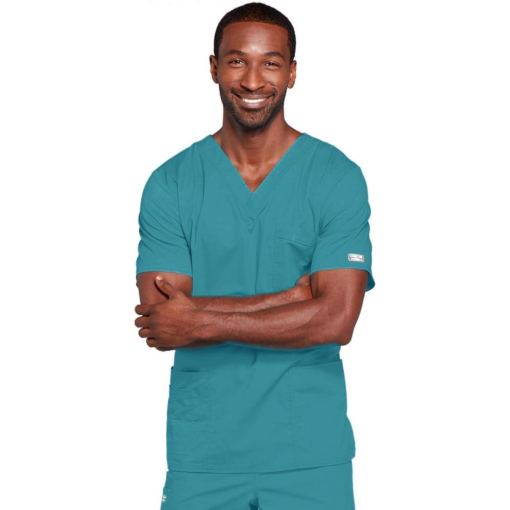 imageCherokee Scrubs for Men amp Women VNeck Scrub Top with 4 Pockets Cotton Blend Soft Stretchy Easy Care Nursing Uniform 4725Teal Blue