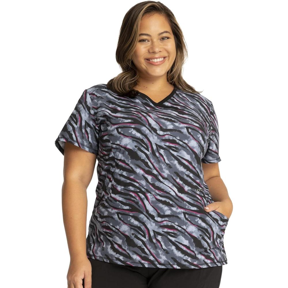imageCherokee Scrubs for Women Mock Print Wrap Scrub Top 3 Pockets RibKnit Detail Side Vents Medical Uniform CK608Wild for Tie Dye