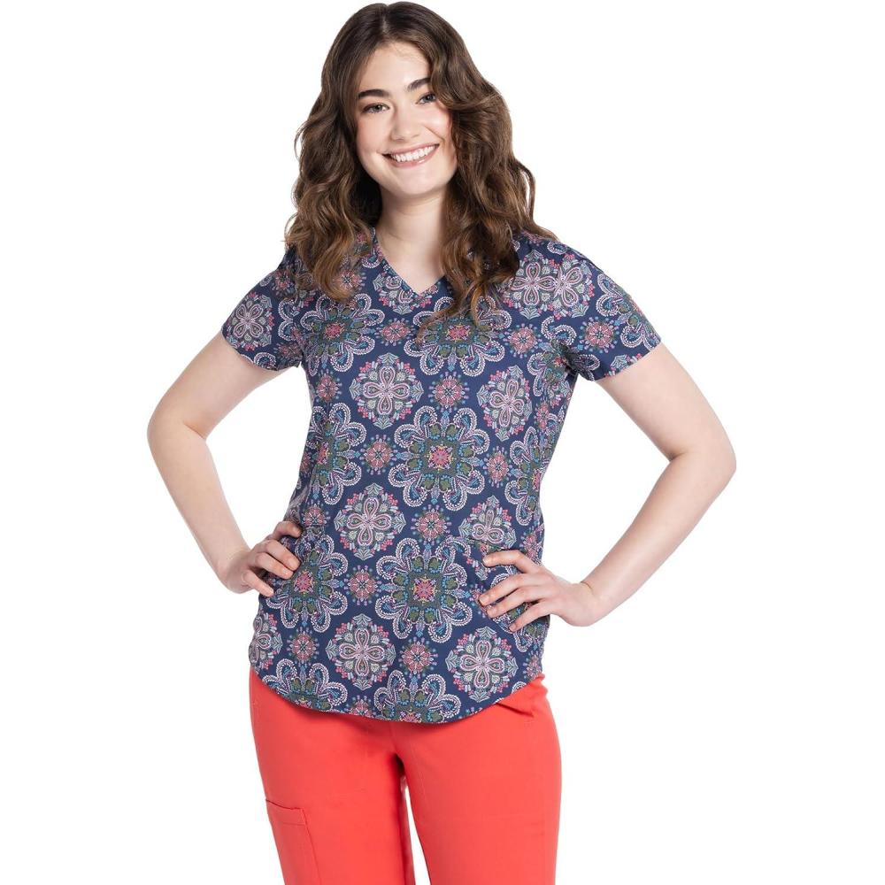 imageCherokee Scrubs for Women Printed VNeck Scrub Top with Modern Classic Fit with 2 Welt Pockets amp Shirttail Hem CK637Boho Medallion