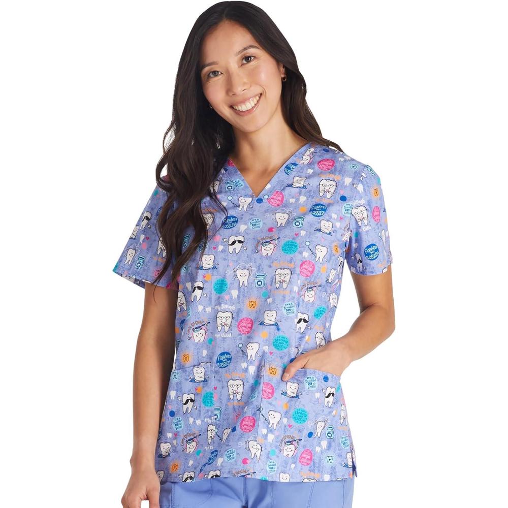imageCherokee Scrubs for Women Printed VNeck Scrub Top with Modern Classic Fit with 2 Welt Pockets amp Shirttail Hem CK637Dental Affirmations