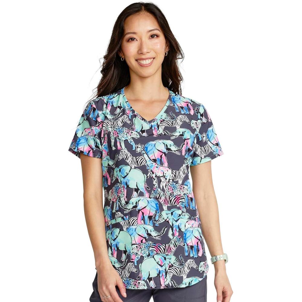 imageCherokee Scrubs for Women Printed VNeck Scrub Top with Modern Classic Fit with 2 Welt Pockets amp Shirttail Hem CK637Herd That