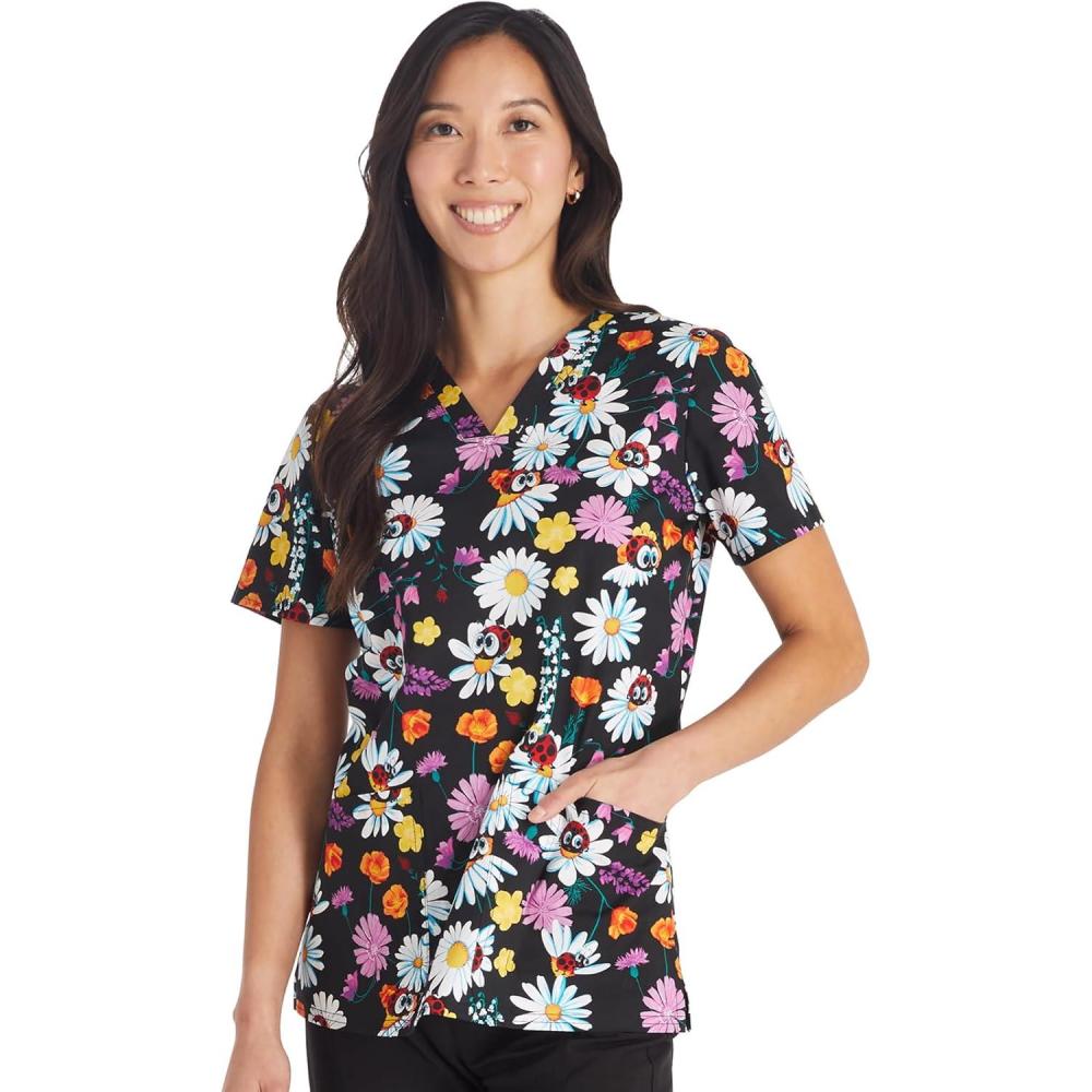 imageCherokee Scrubs for Women Printed VNeck Scrub Top with Modern Classic Fit with 2 Welt Pockets amp Shirttail Hem CK637Ladybug Garden