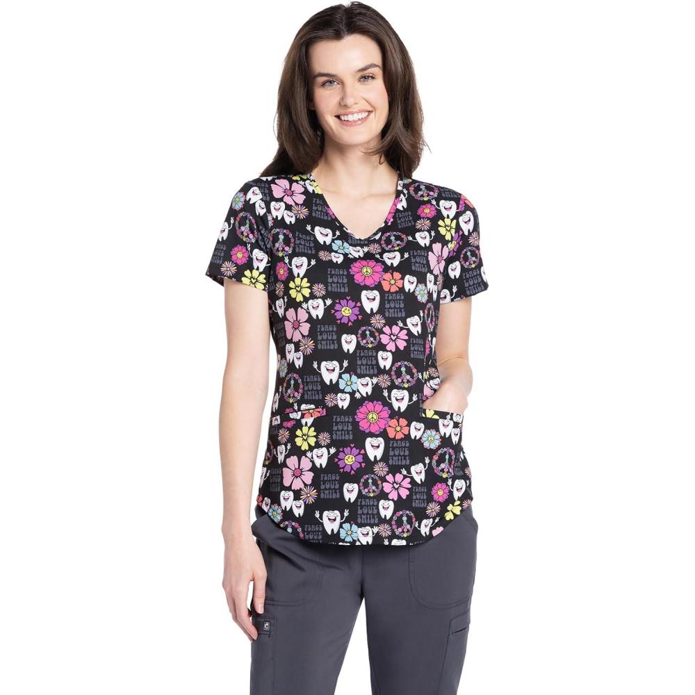 imageCherokee Scrubs for Women Printed VNeck Scrub Top with Modern Classic Fit with 2 Welt Pockets amp Shirttail Hem CK637Peace Love Smile