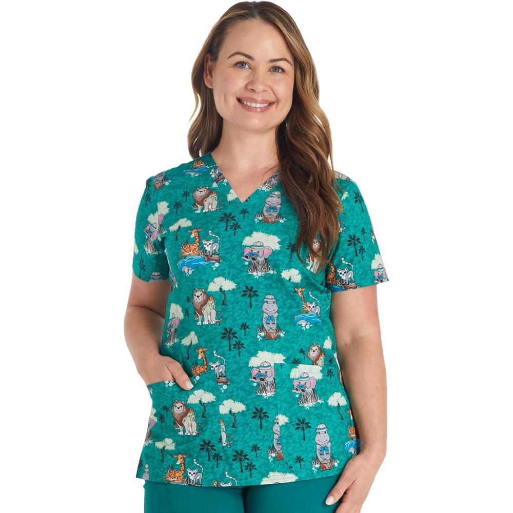 imageCherokee Scrubs for Women Printed VNeck Scrub Top with Modern Classic Fit with 2 Welt Pockets amp Shirttail Hem CK637Safari Fun