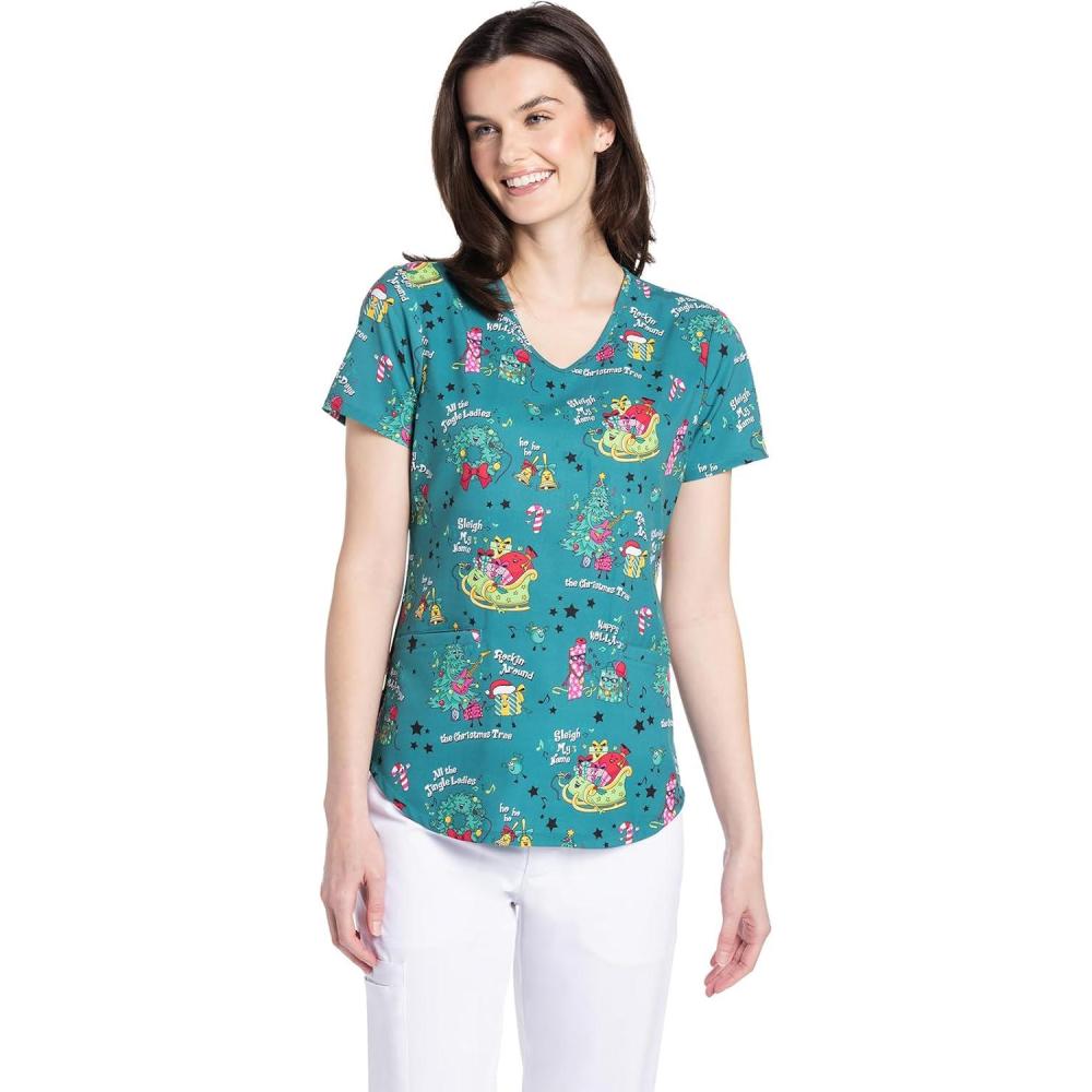 imageCherokee Scrubs for Women Printed VNeck Scrub Top with Modern Classic Fit with 2 Welt Pockets amp Shirttail Hem CK637Sleigh My Name