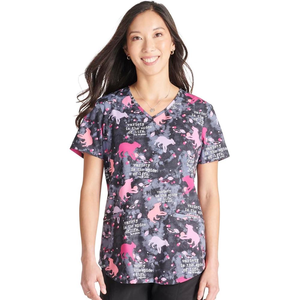 imageCherokee Scrubs for Women Printed VNeck Scrub Top with Modern Classic Fit with 2 Welt Pockets amp Shirttail Hem CK637Spice of Life