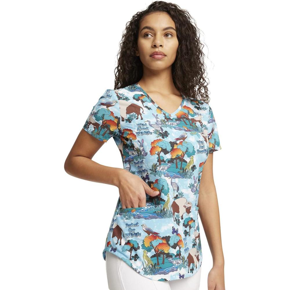 imageCherokee Scrubs for Women Printed VNeck Scrub Top with Modern Classic Fit with 2 Welt Pockets amp Shirttail Hem CK637Wildlife Sanctuary