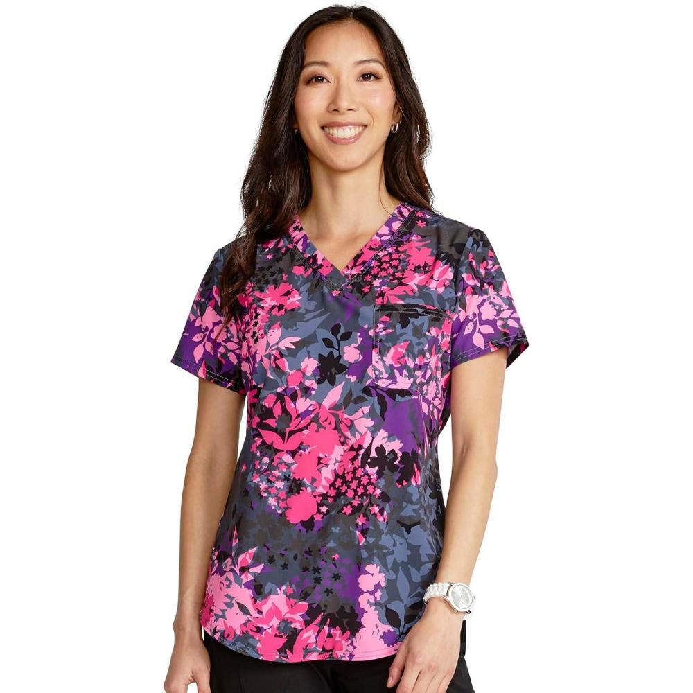 imageCherokee Scrubs for Women VNeck Printed Scrub Top Modern Classic Fit with 3 Pockets Shaping Darts amp Side Vents CK664Brilliant Botanicals