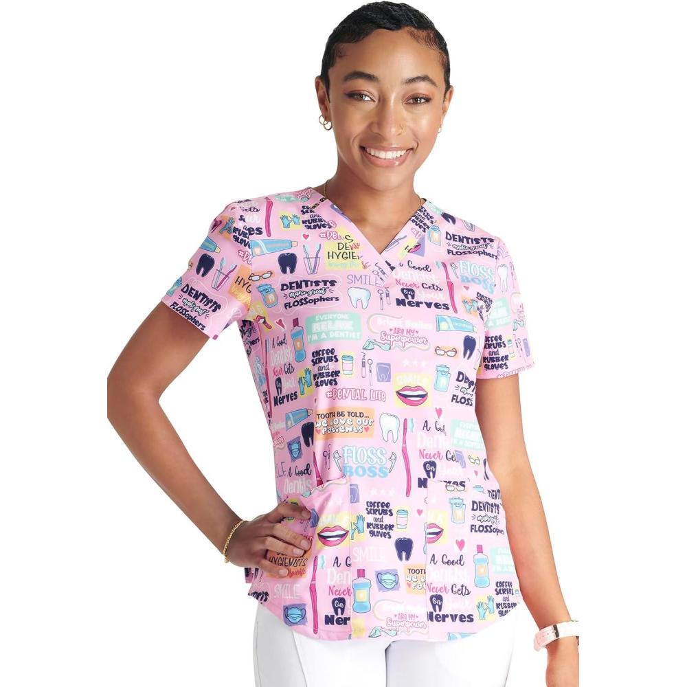 imageCherokee Scrubs for Women VNeck Printed Scrub Top Modern Classic Fit with 3 Pockets Shaping Darts amp Side Vents CK664Dental Life