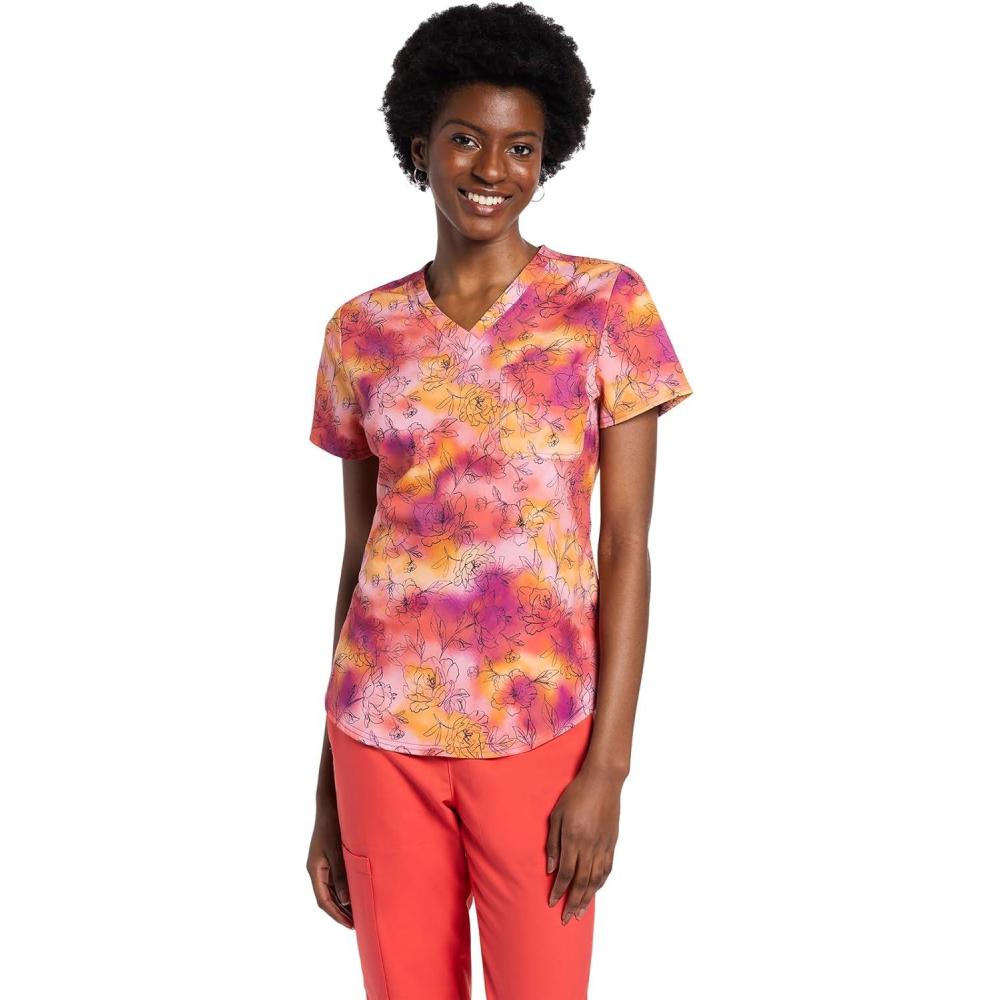 imageCherokee Scrubs for Women VNeck Printed Scrub Top Modern Classic Fit with 3 Pockets Shaping Darts amp Side Vents CK664Floral Wash