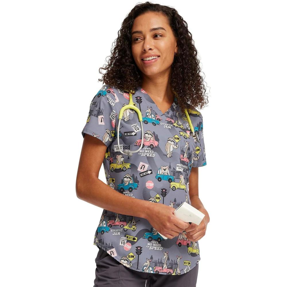 imageCherokee Scrubs for Women VNeck Printed Scrub Top Modern Classic Fit with 3 Pockets Shaping Darts amp Side Vents CK664Giraffic Jam