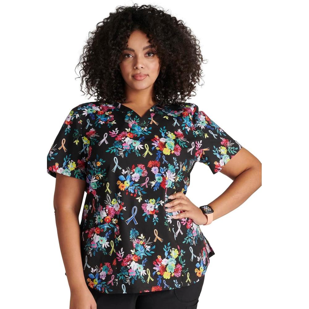imageCherokee Scrubs for Women VNeck Printed Scrub Top Modern Classic Fit with 3 Pockets Shaping Darts amp Side Vents CK664Hopeful Bouquets